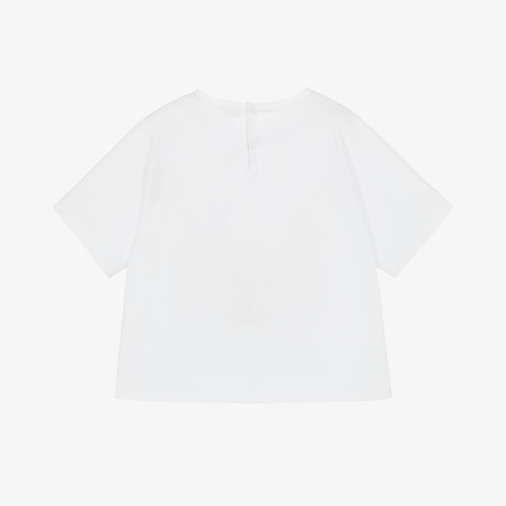 Il Gufo-Girls White Flower Cotton T-Shirt | Childrensalon
