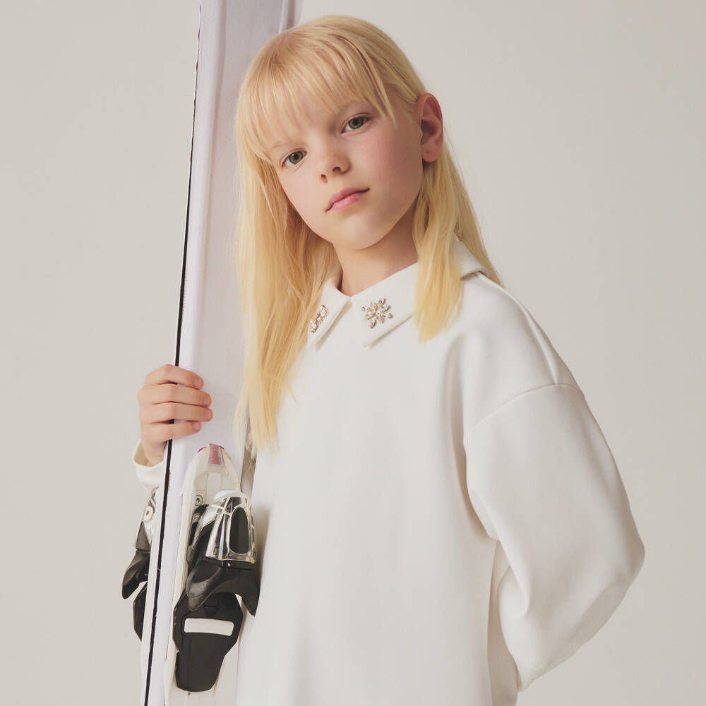 Il Gufo-Girls White Milano Jersey Trouser Set with Jewelled Collar | Childrensalon