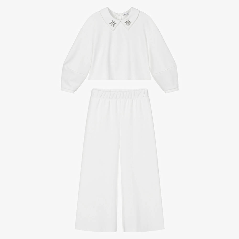 Il Gufo-Girls White Milano Jersey Trouser Set with Jewelled Collar | Childrensalon