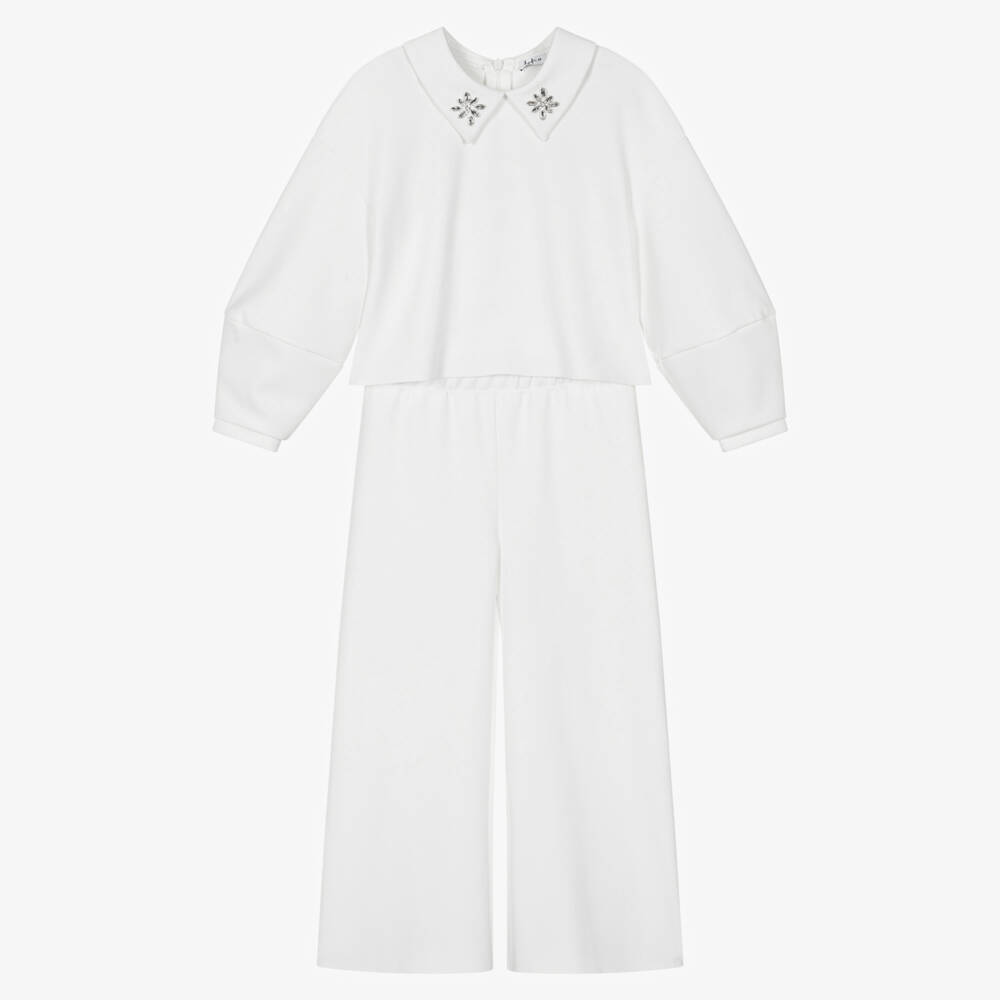 Il Gufo-Girls White Milano Jersey Trouser Set with Jewelled Collar | Childrensalon