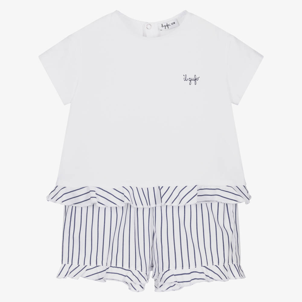 Il Gufo-Girls White & Navy Blue Striped Cotton Shorts Set | Childrensalon