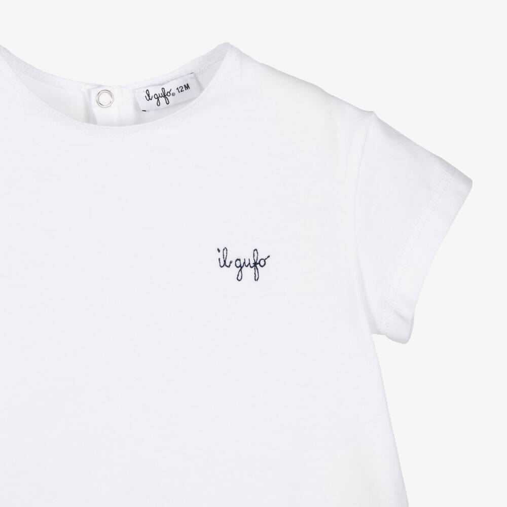 Il Gufo-Girls White & Navy Blue Striped Cotton Shorts Set | Childrensalon