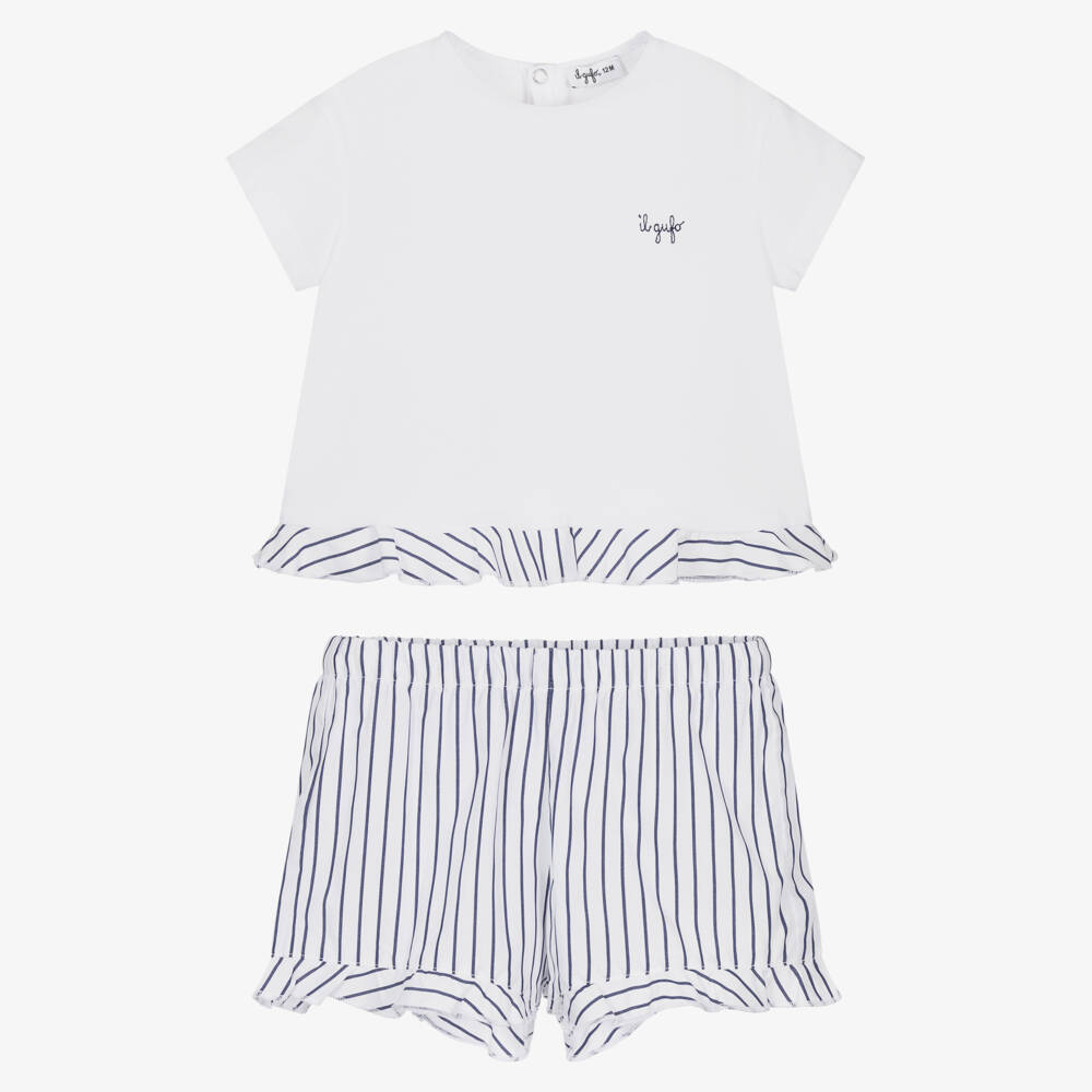 Il Gufo-Girls White & Navy Blue Striped Cotton Shorts Set | Childrensalon