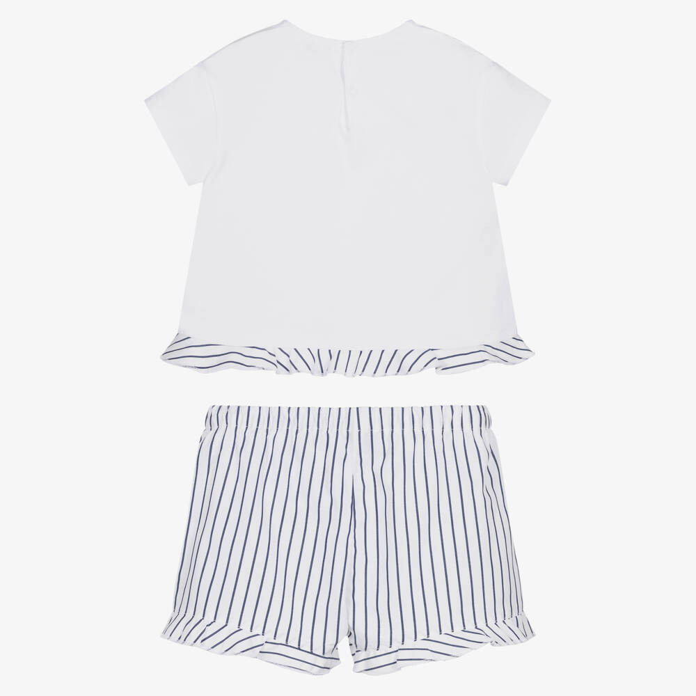 Il Gufo-Girls White & Navy Blue Striped Cotton Shorts Set | Childrensalon