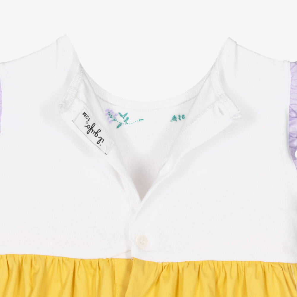 Il Gufo-Girls Yellow & White Cotton Dress with Embroidered Flowers | Childrensalon