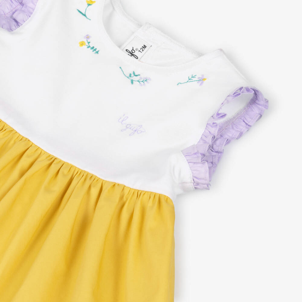 Il Gufo-Girls Yellow & White Cotton Dress with Embroidered Flowers | Childrensalon
