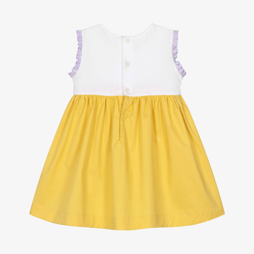 Il Gufo-Girls Yellow & White Cotton Dress with Embroidered Flowers | Childrensalon