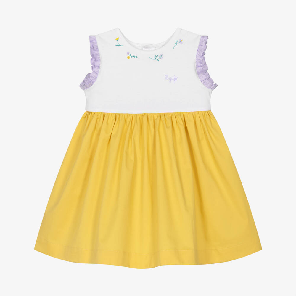 Il Gufo-Girls Yellow & White Cotton Dress with Embroidered Flowers | Childrensalon