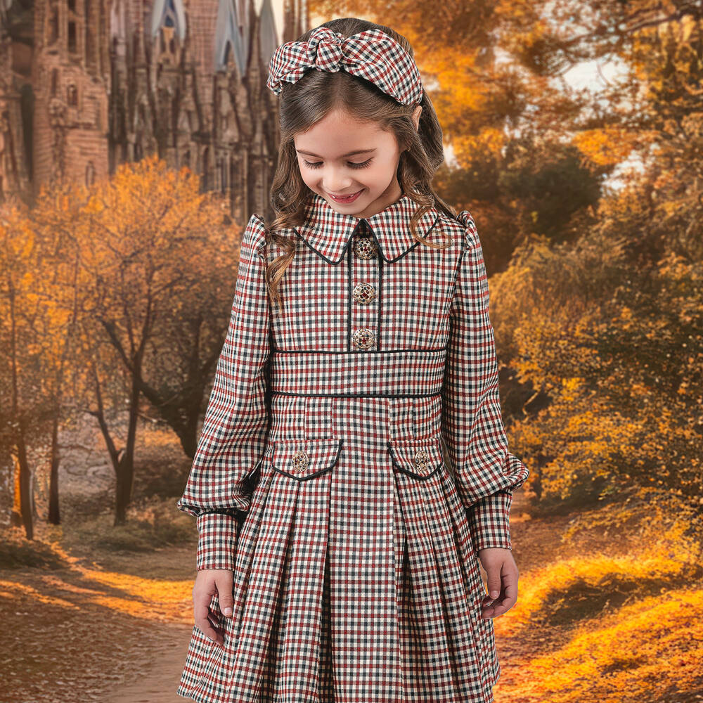 Irpa-Girls Beige & Burgundy Red Check Dress with Box Pleats | Childrensalon