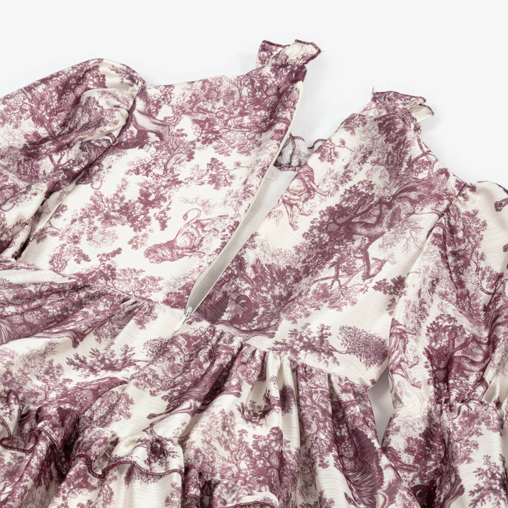 Irpa-Girls Beige & Purple Toile Du Jouy Satin Dress | Childrensalon