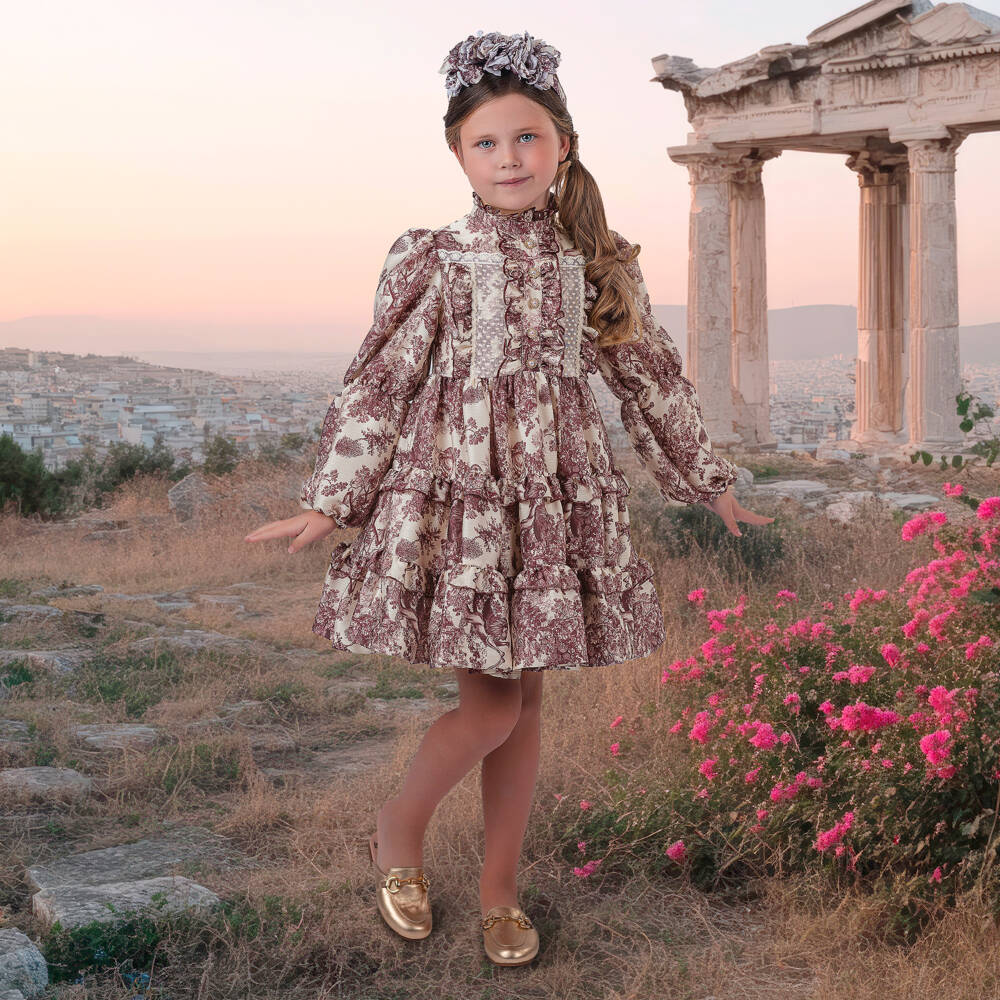 Irpa-Girls Beige & Purple Toile Du Jouy Satin Dress | Childrensalon