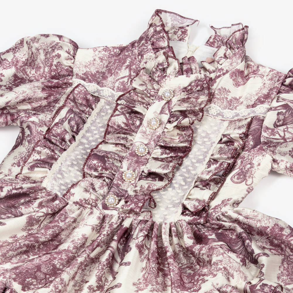 Irpa-Girls Beige & Purple Toile Du Jouy Satin Dress | Childrensalon