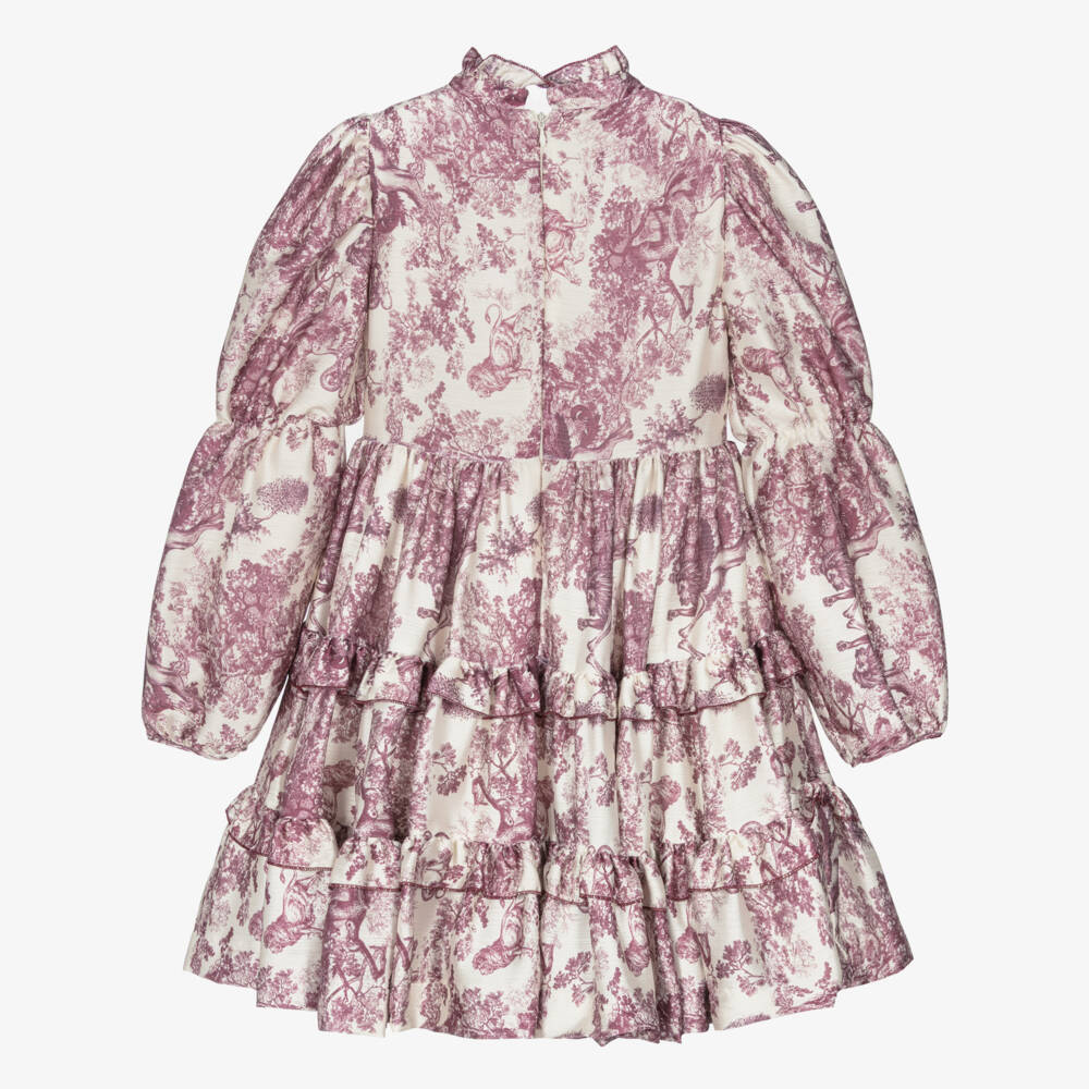 Irpa-Girls Beige & Purple Toile Du Jouy Satin Dress | Childrensalon