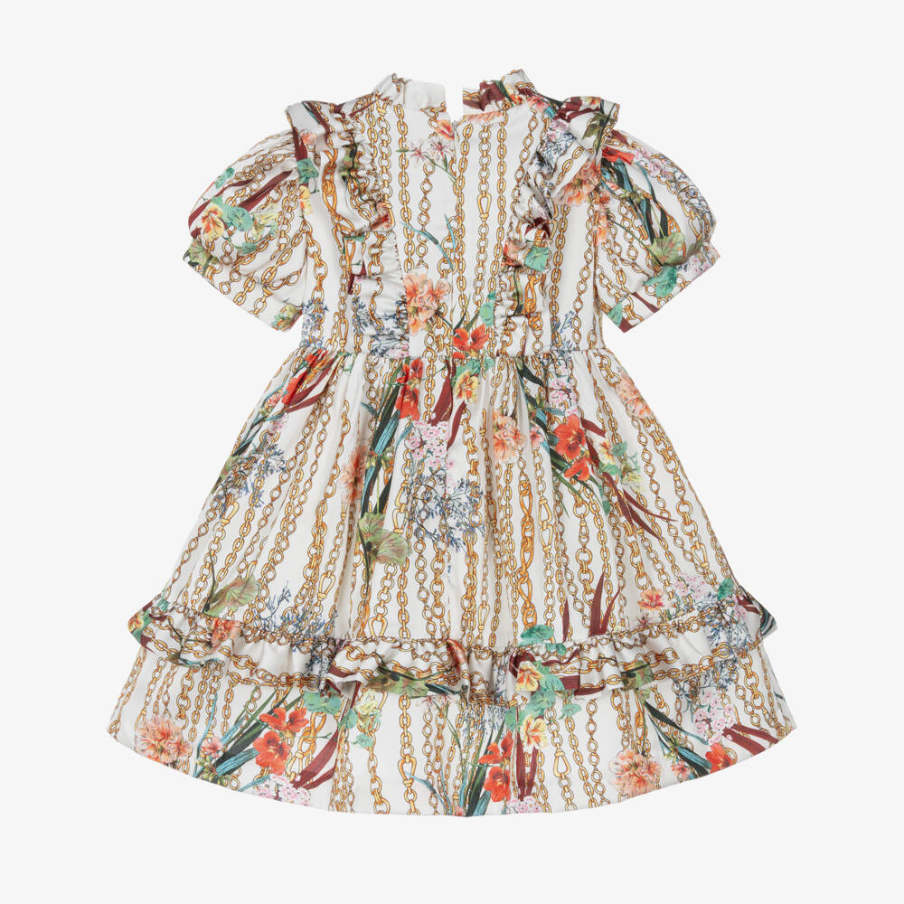 Irpa-Girls Ivory Floral & Chain Print Satin Dress | Childrensalon