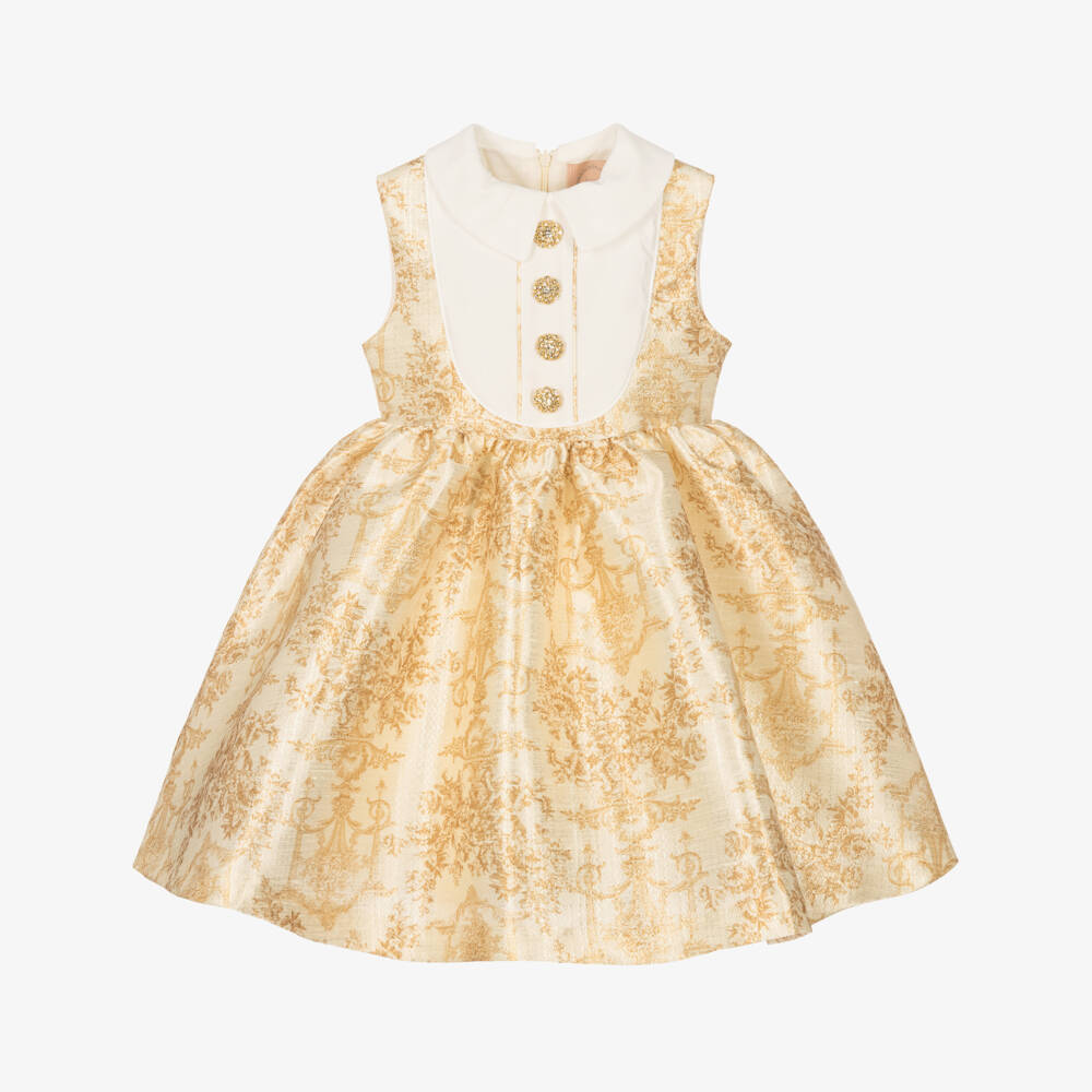 Irpa-Girls Ivory & Gold Baroque Pattern Dress | Childrensalon