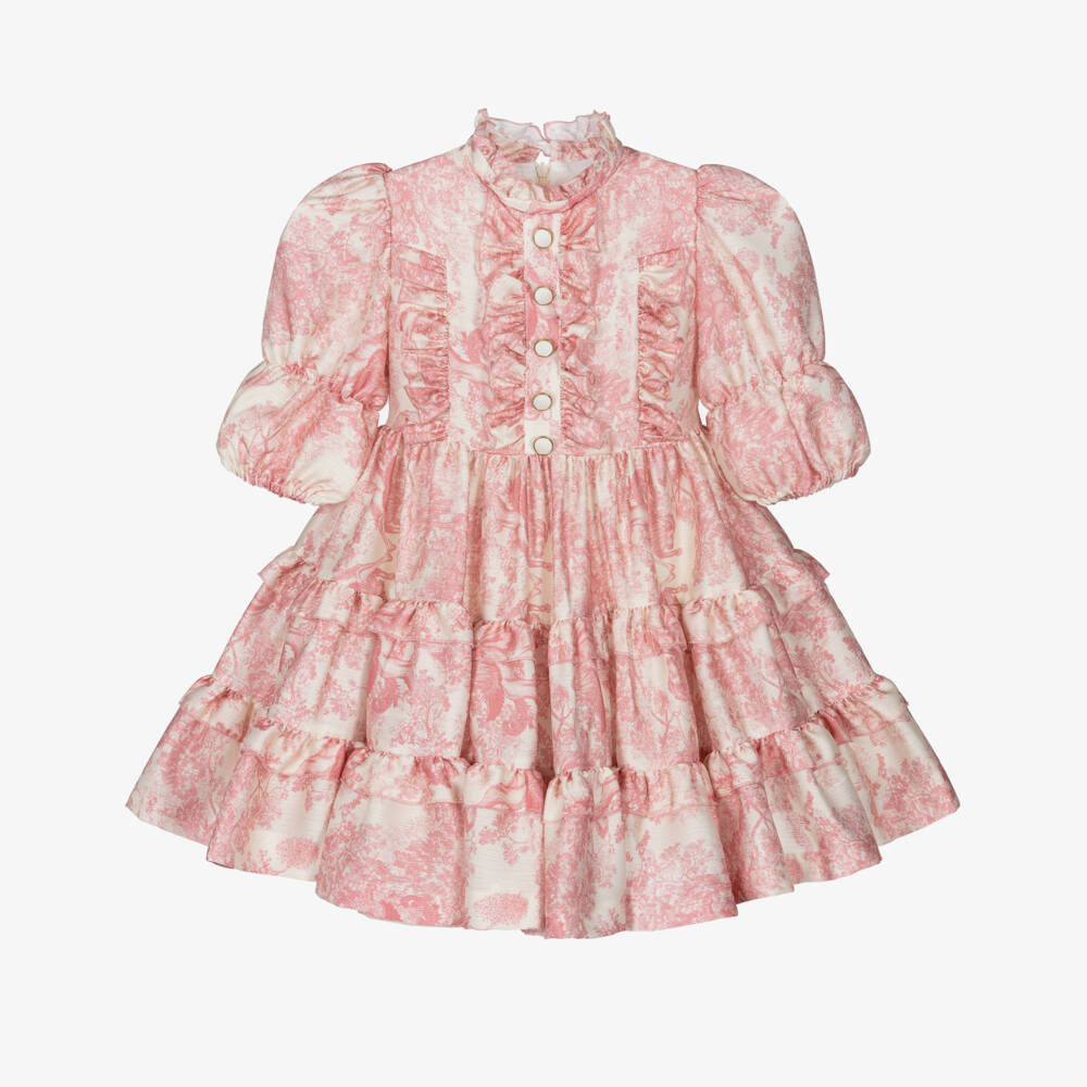 Irpa-Girls Ivory & Pink Toile de Jouy Satin Dress | Childrensalon