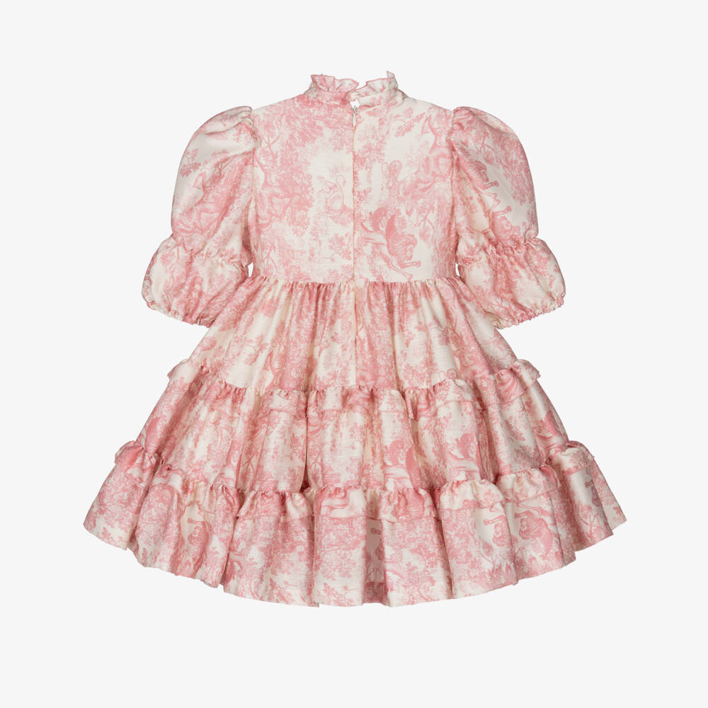 Irpa-Girls Ivory & Pink Toile de Jouy Satin Dress | Childrensalon