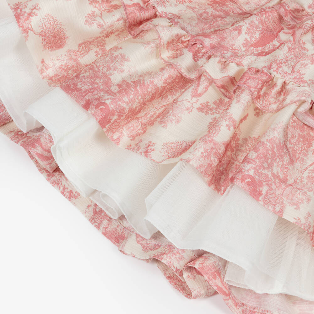 Irpa-Girls Ivory & Pink Toile de Jouy Satin Dress | Childrensalon