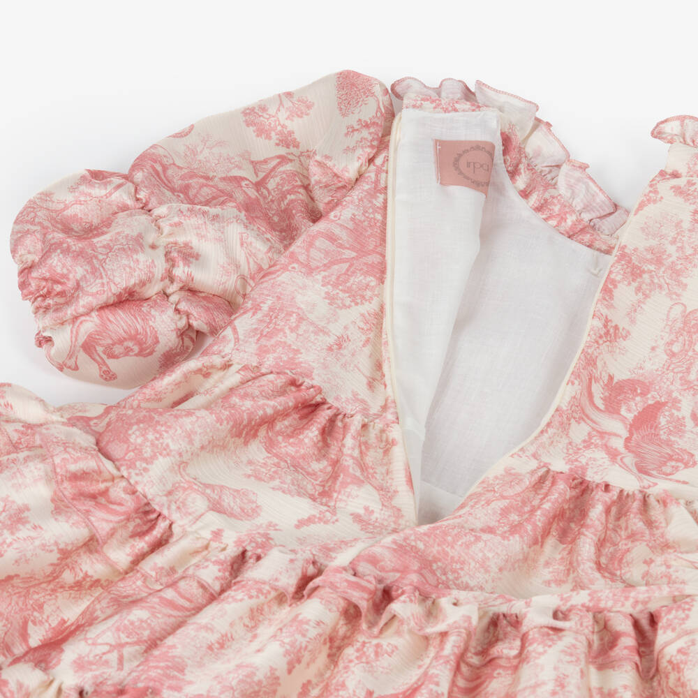 Irpa-Girls Ivory & Pink Toile de Jouy Satin Dress | Childrensalon