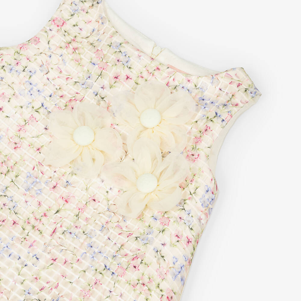 Irpa-Girls Ivory Satin Dress with 3D Floral Appliqués | Childrensalon