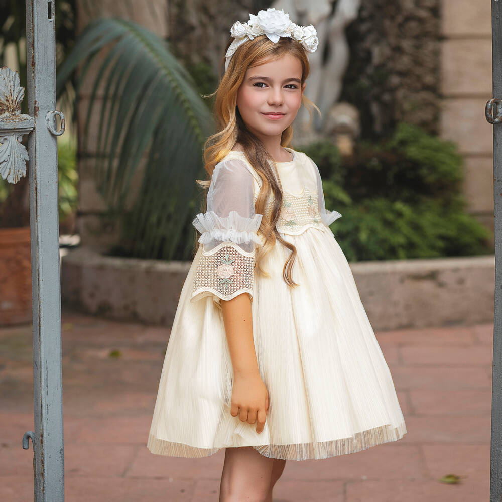Irpa-Girls Ivory Satin & Tulle Dress with Rose Embroidered Lace | Childrensalon