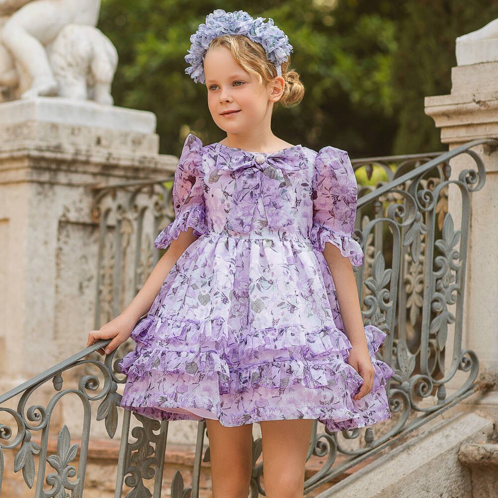 Irpa-Girls Lavender Chiffon Dress with Floral Print | Childrensalon