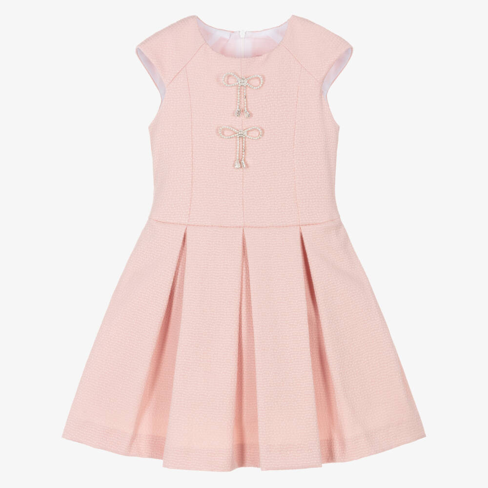Irpa-Girls Pink Textured Dress with Diamanté Bow Brooches | Childrensalon