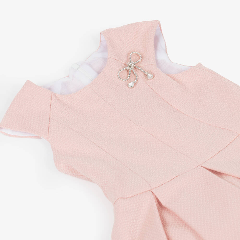 Irpa-Girls Pink Textured Dress with Diamanté Bow Brooches | Childrensalon
