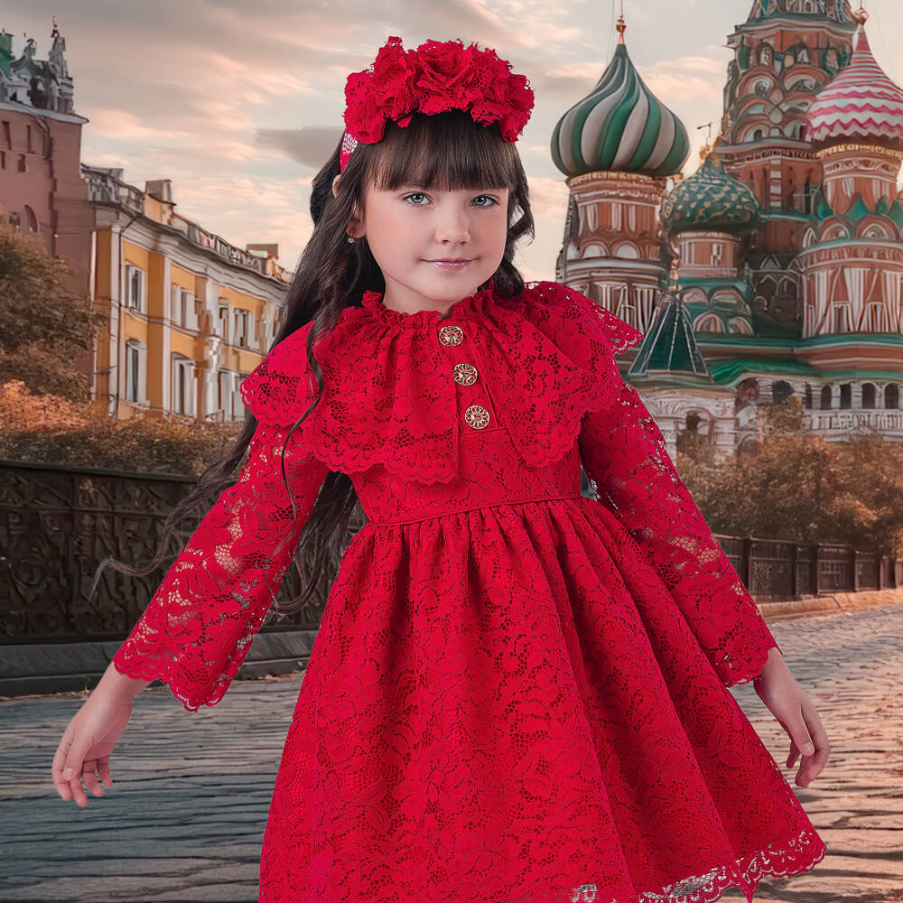 Irpa-Girls Red Lace & Satin Dress with Cape-Effect | Childrensalon