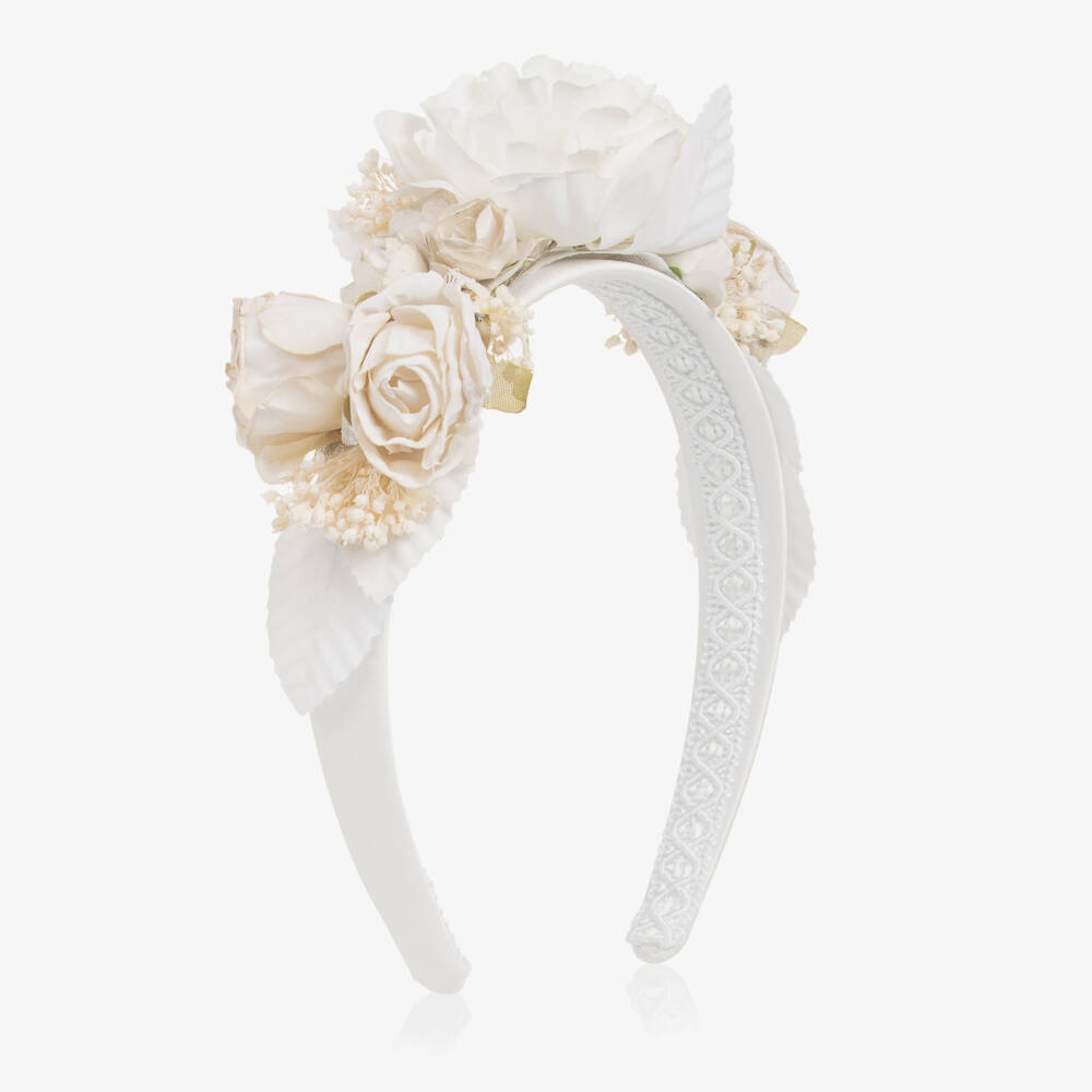 Irpa-Girls White Satin Hairband with Floral Appliqués | Childrensalon
