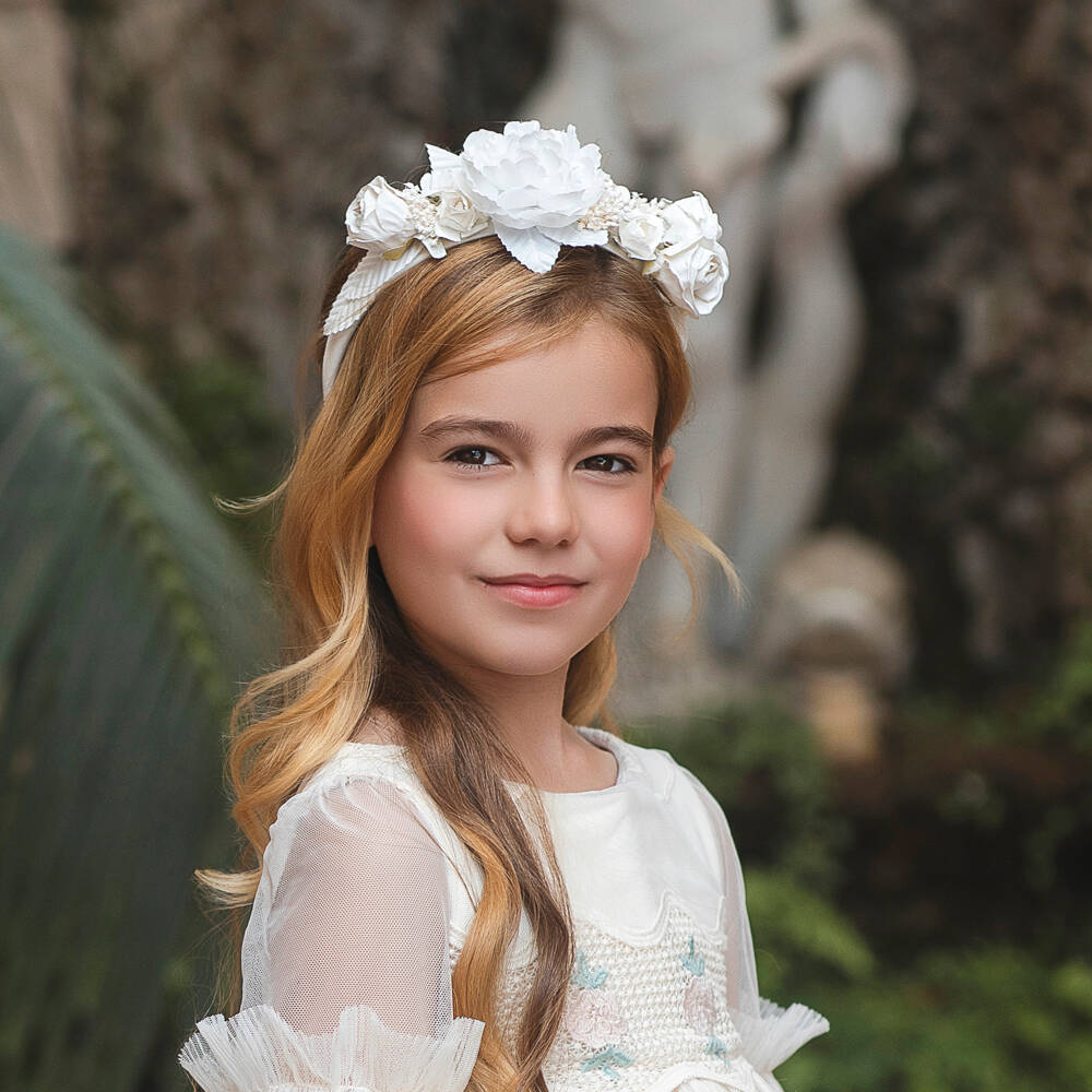 Irpa-Girls White Satin Hairband with Floral Appliqués | Childrensalon
