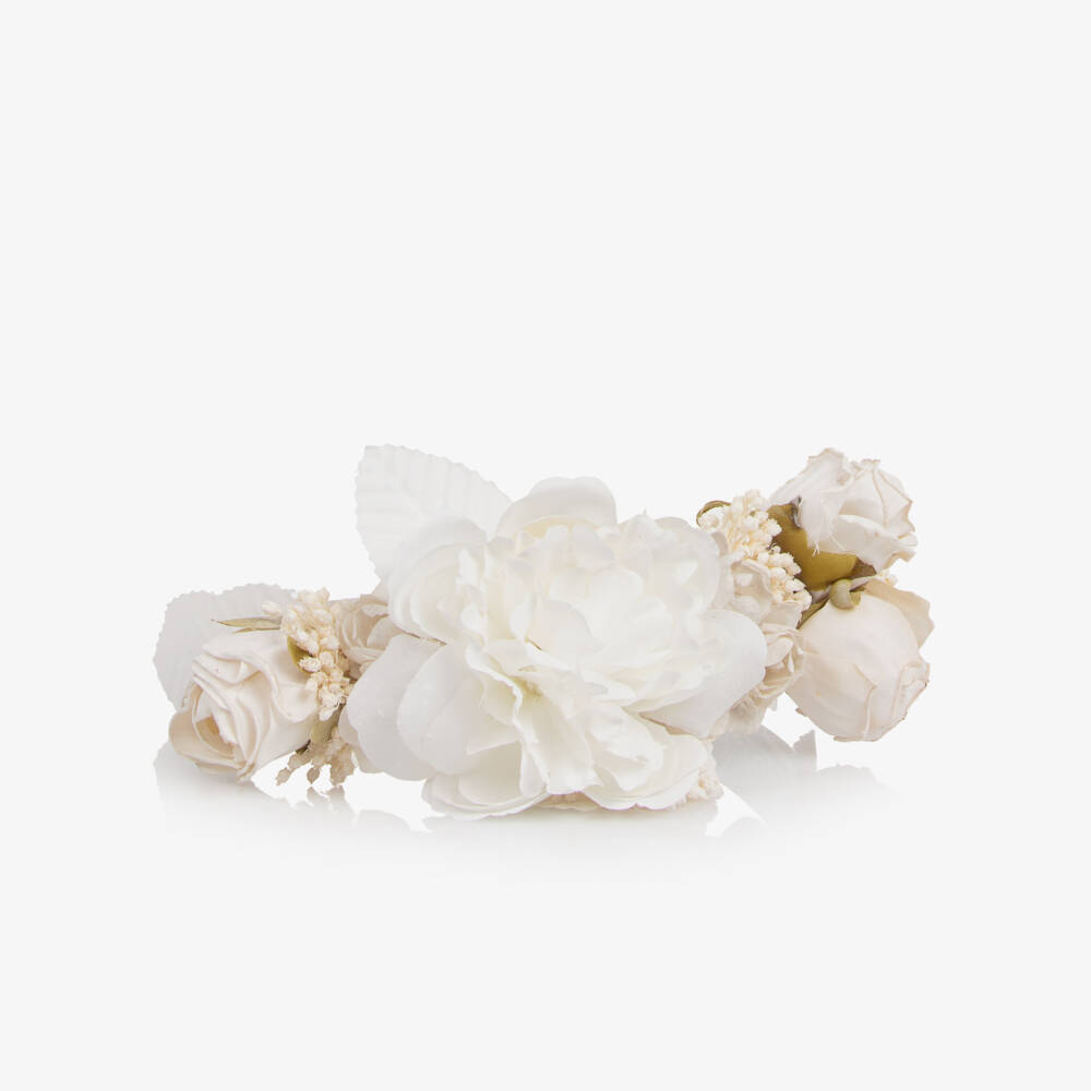 Irpa-Girls White Satin Hairband with Floral Appliqués | Childrensalon