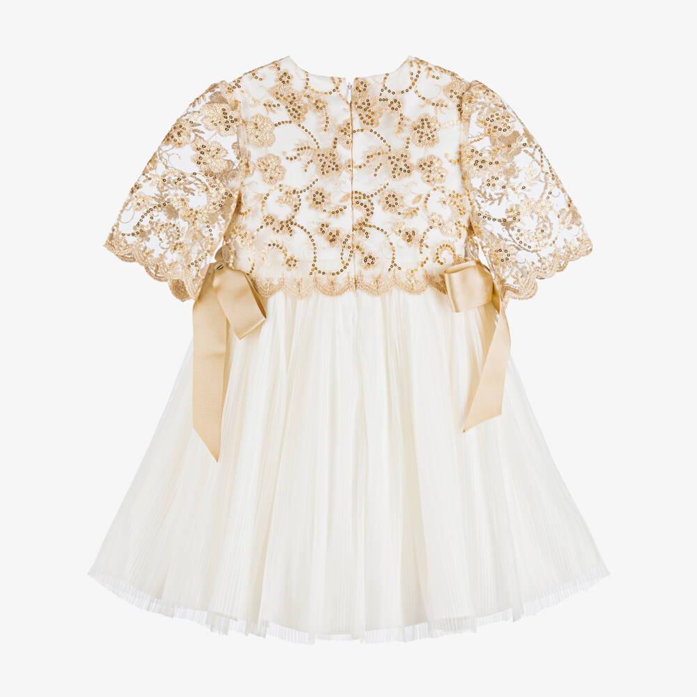 Irpa-Girls White Satin & Tulle Dress with Gold Sequins & Bows | Childrensalon