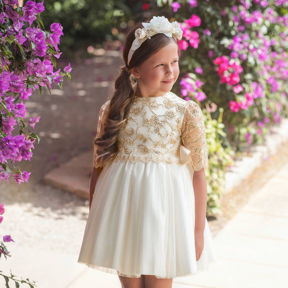 Irpa-Girls White Satin & Tulle Dress with Gold Sequins & Bows | Childrensalon