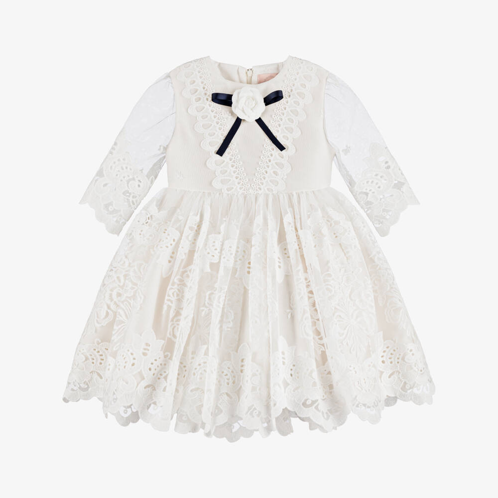 Irpa-Ivory Lacy Embroidered Tulle Dress with Navy Blue Bow | Childrensalon