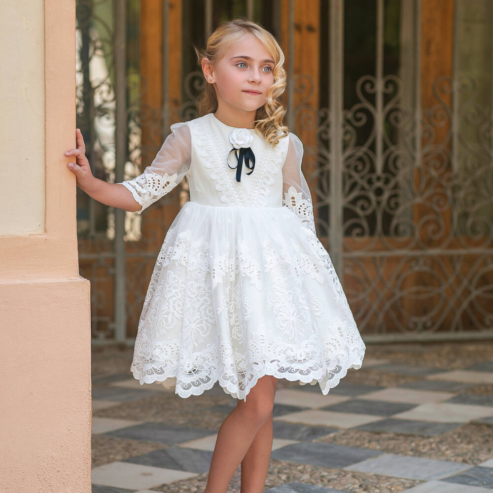 Irpa-Ivory Lacy Embroidered Tulle Dress with Navy Blue Bow | Childrensalon