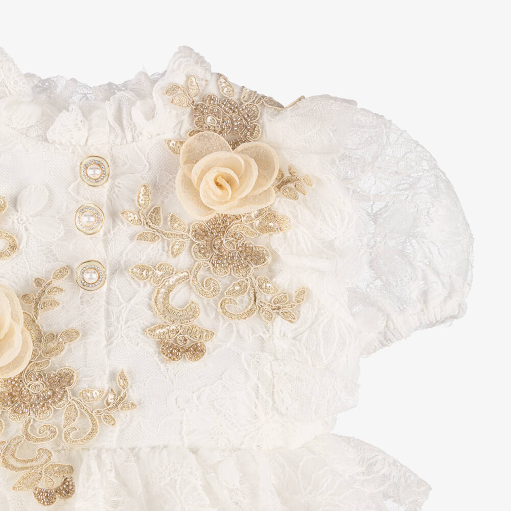 Irpa-Girls White Lace Dress with Gold Floral Detailing | Childrensalon