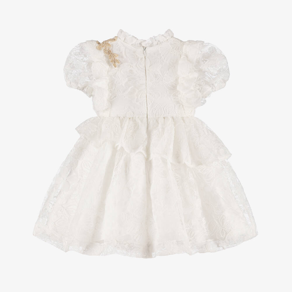 Irpa-Girls White Lace Dress with Gold Floral Detailing | Childrensalon