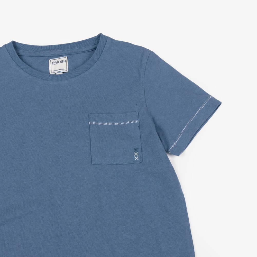 J&Josh-Boys Blue Cotton & Linen T-Shirt with Overstitching | Childrensalon
