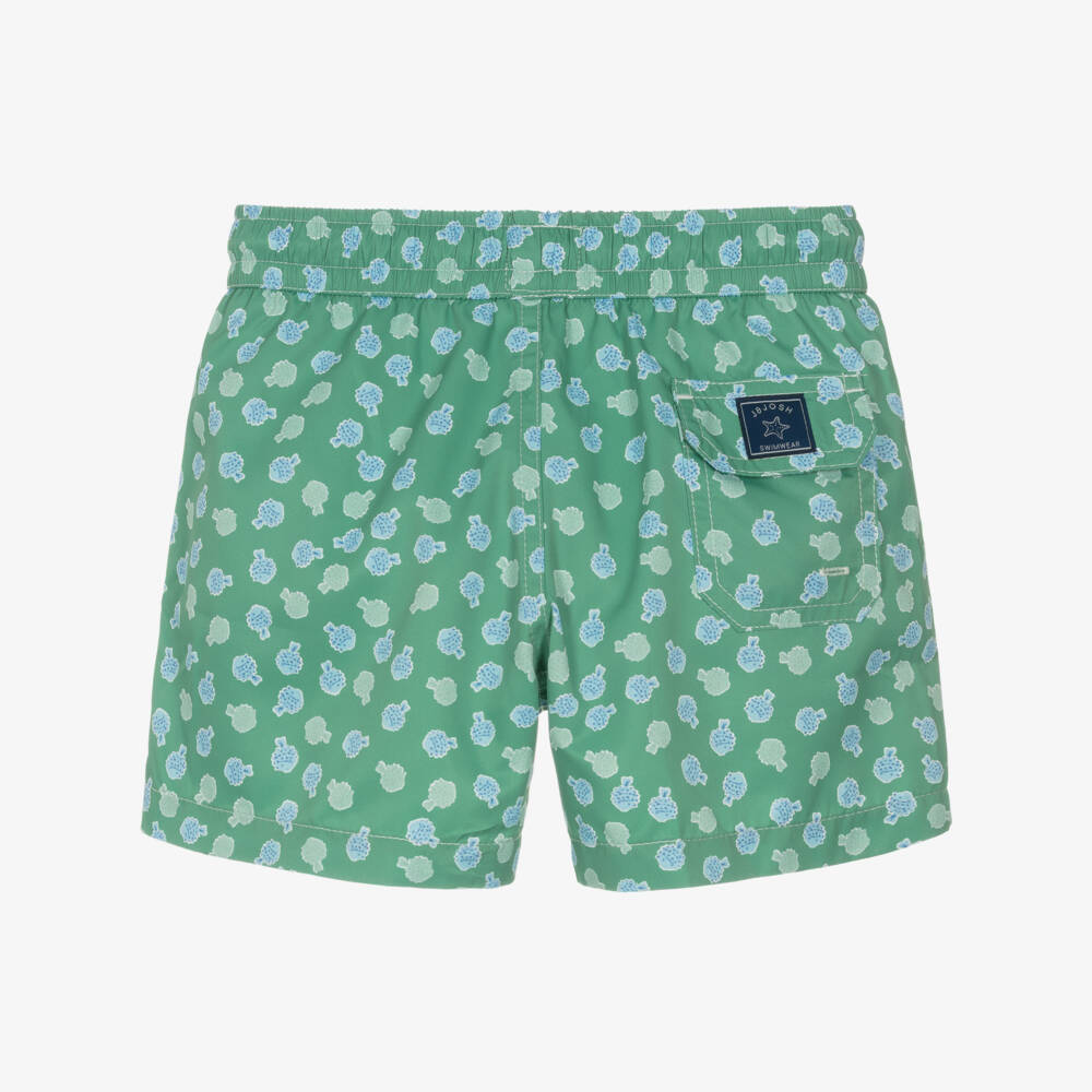 J&Josh-Boys Green Swim Shorts with Pufferfish Print | Childrensalon