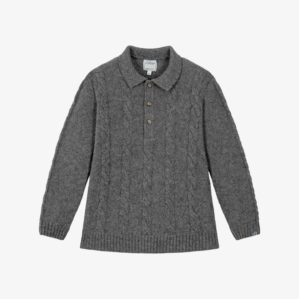 J&Josh-Boys Grey Cable Knit Polo Sweater in Merino Wool | Childrensalon