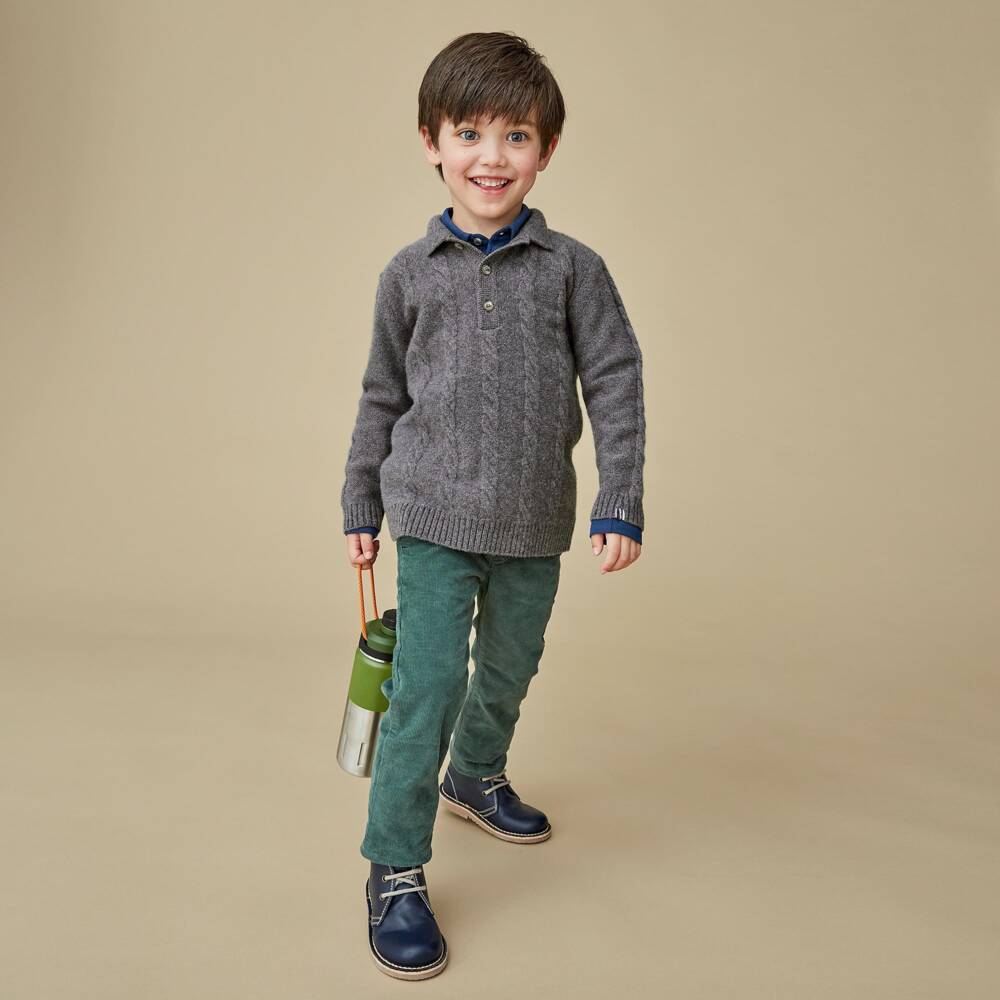 J&Josh-Boys Grey Cable Knit Polo Sweater in Merino Wool | Childrensalon