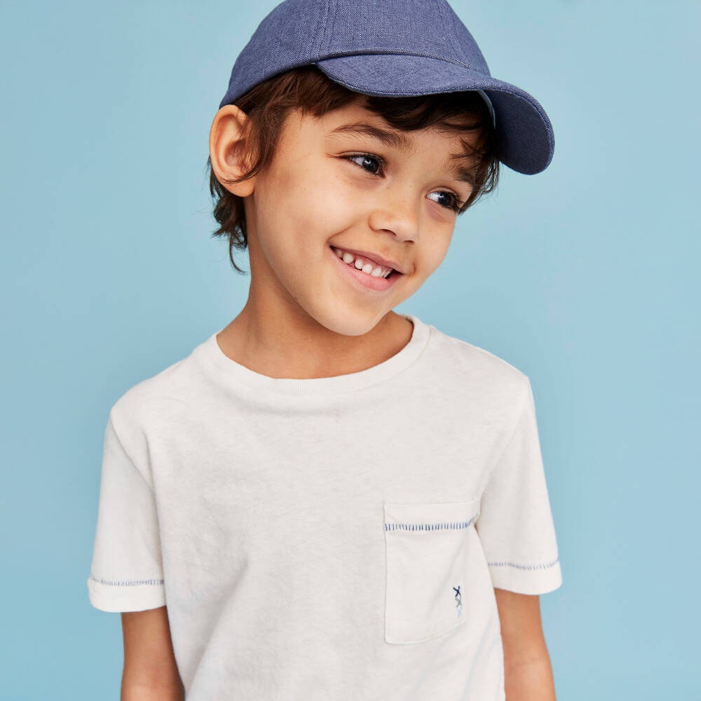 J&Josh-Boys Ivory Cotton & Linen T-Shirt with Overstitching | Childrensalon