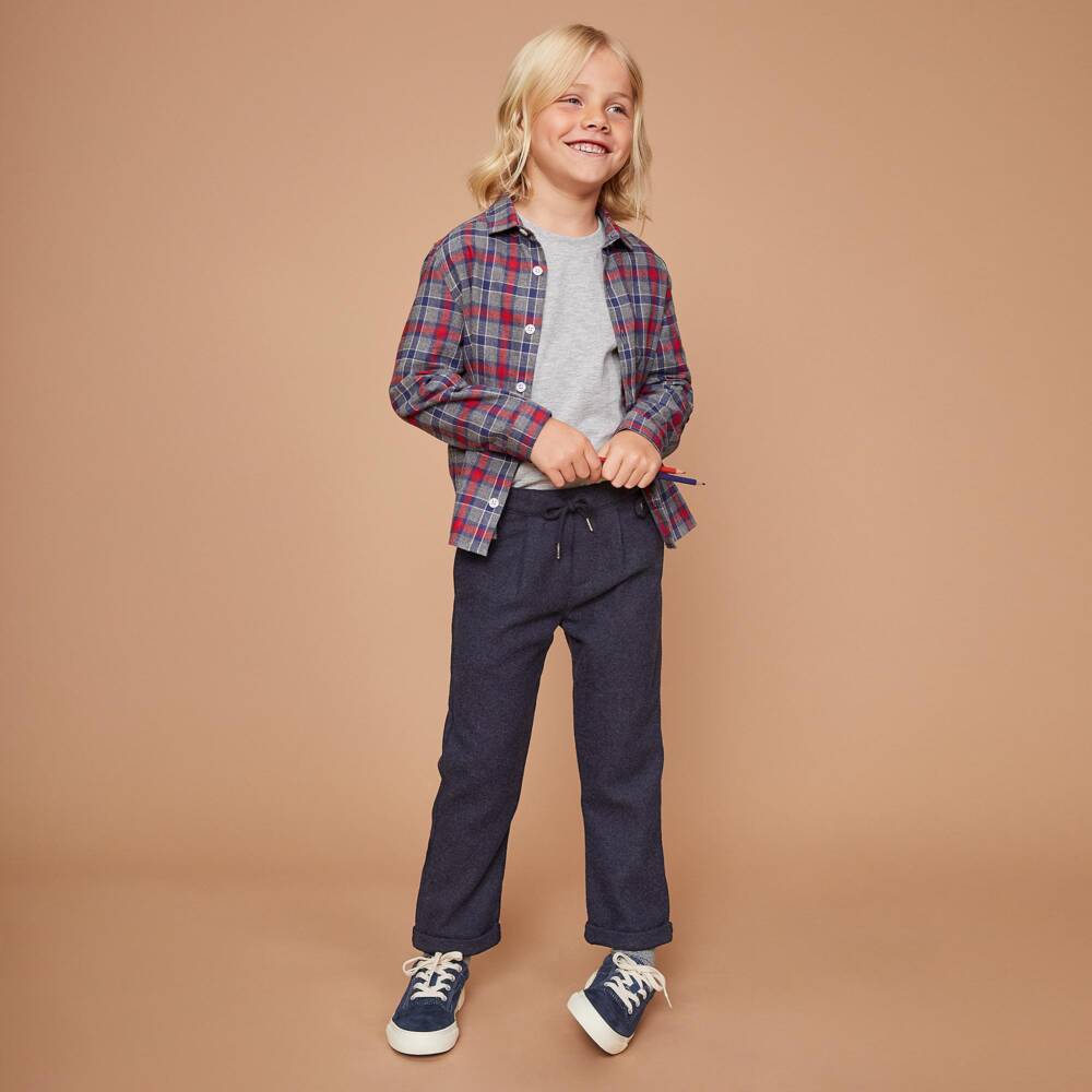 J&Josh-Boys Navy Blue Felted Wool Mix Trousers | Childrensalon