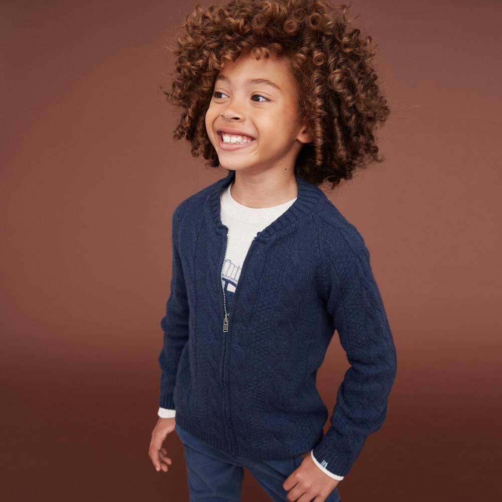 J&Josh-Boys Navy Blue Merino Wool Zip-Up Top with Cable Pattern | Childrensalon