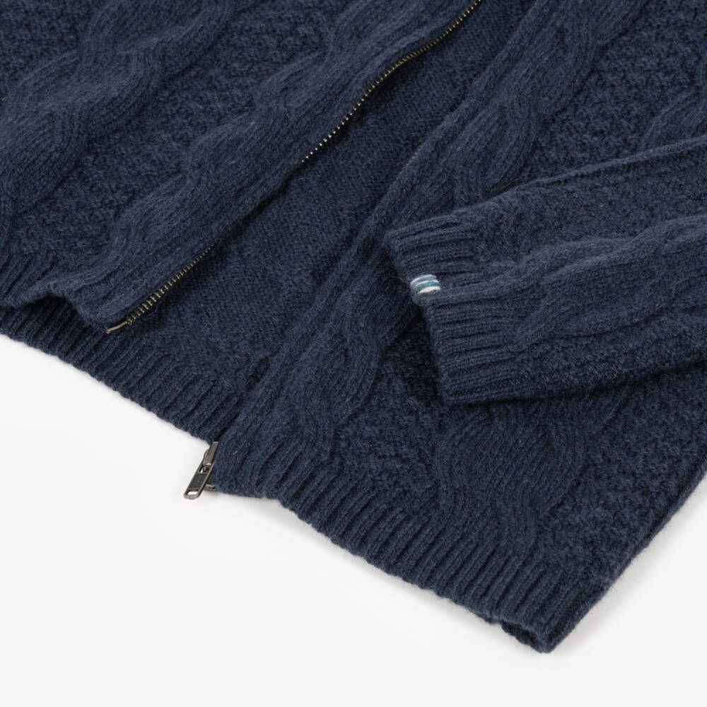 J&Josh-Boys Navy Blue Merino Wool Zip-Up Top with Cable Pattern | Childrensalon