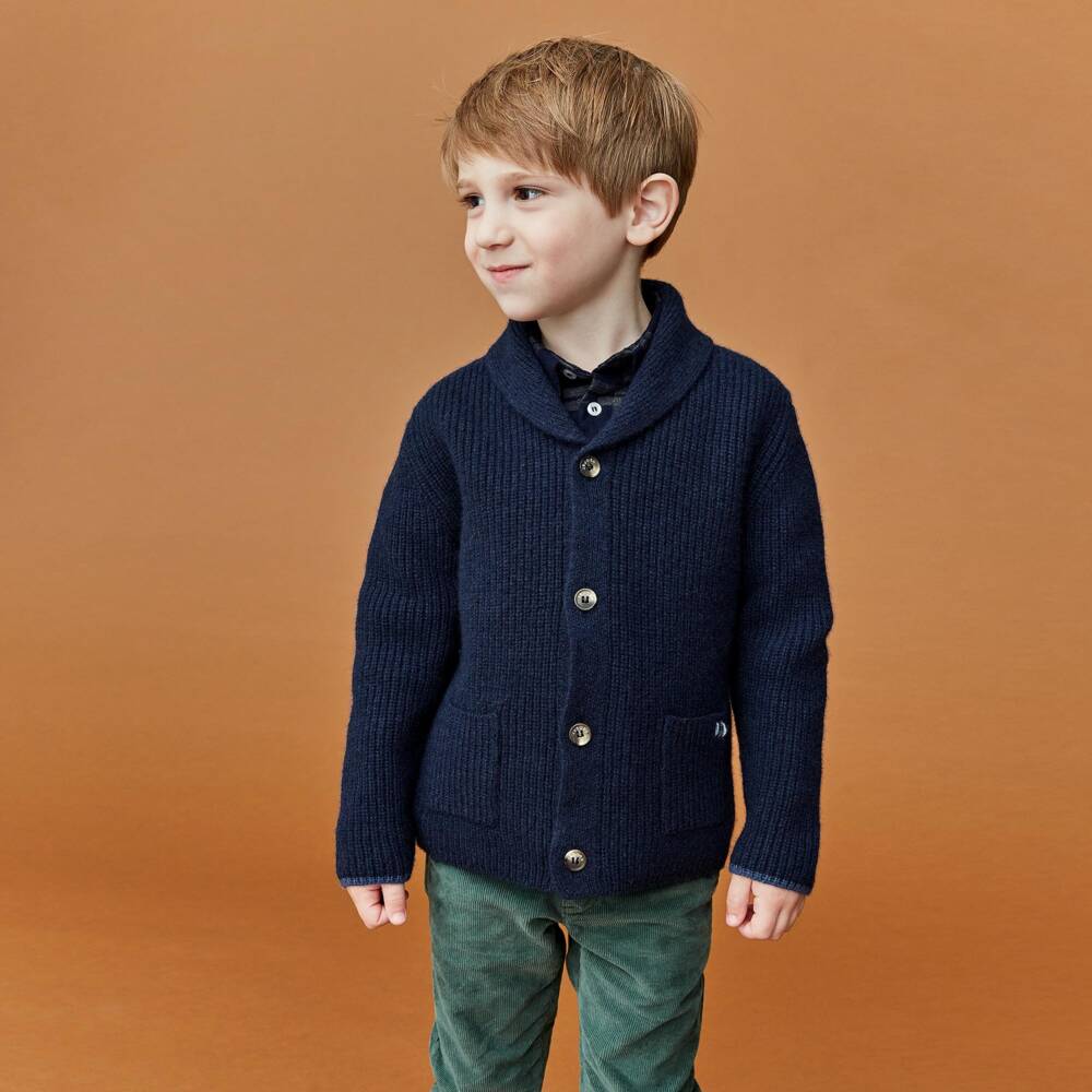 J&Josh-Boys Navy Blue Shawl Cardigan in Merino Wool | Childrensalon