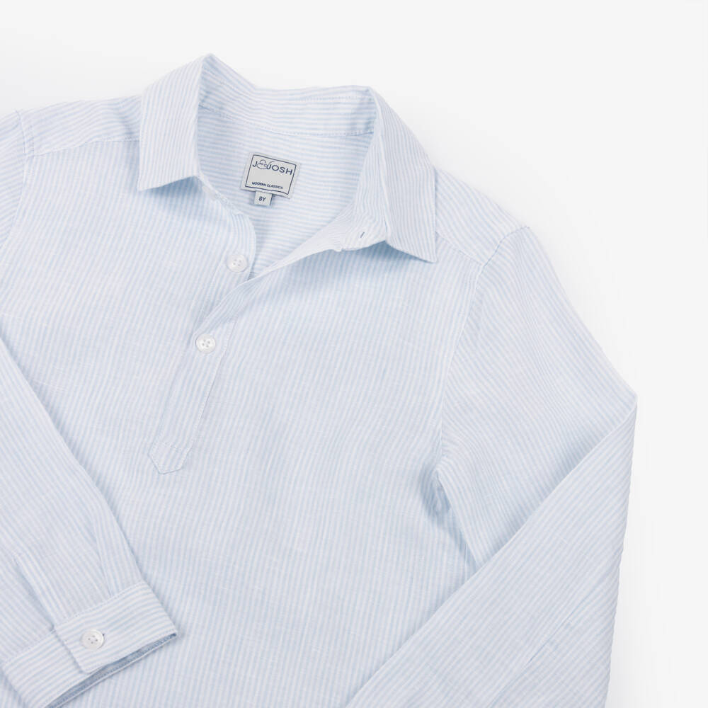 J&Josh-Boys Pale Blue Stripe Pop-Over Linen Shirt | Childrensalon