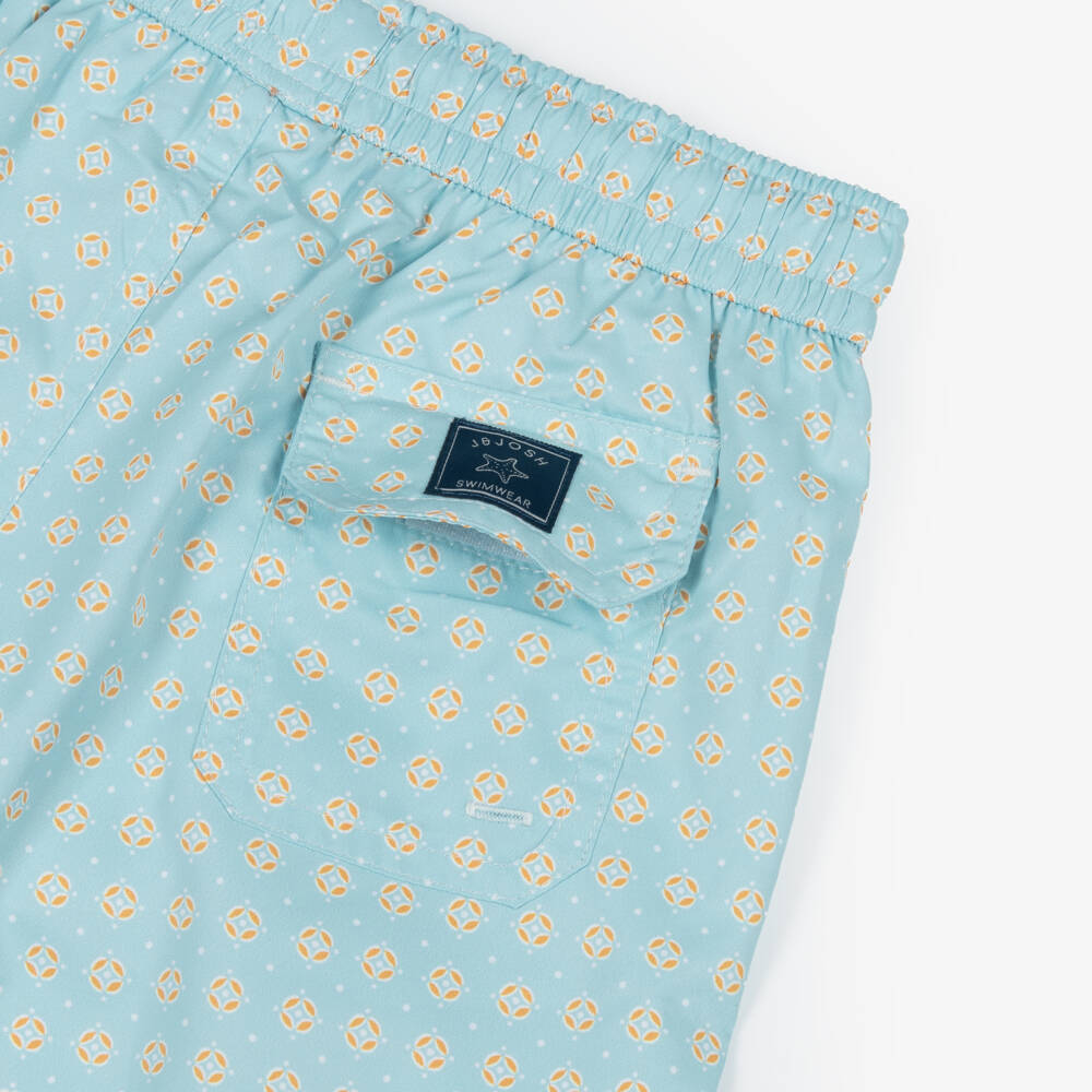 J&Josh-Boys Turquoise Blue Swim Shorts with Geometric Print | Childrensalon