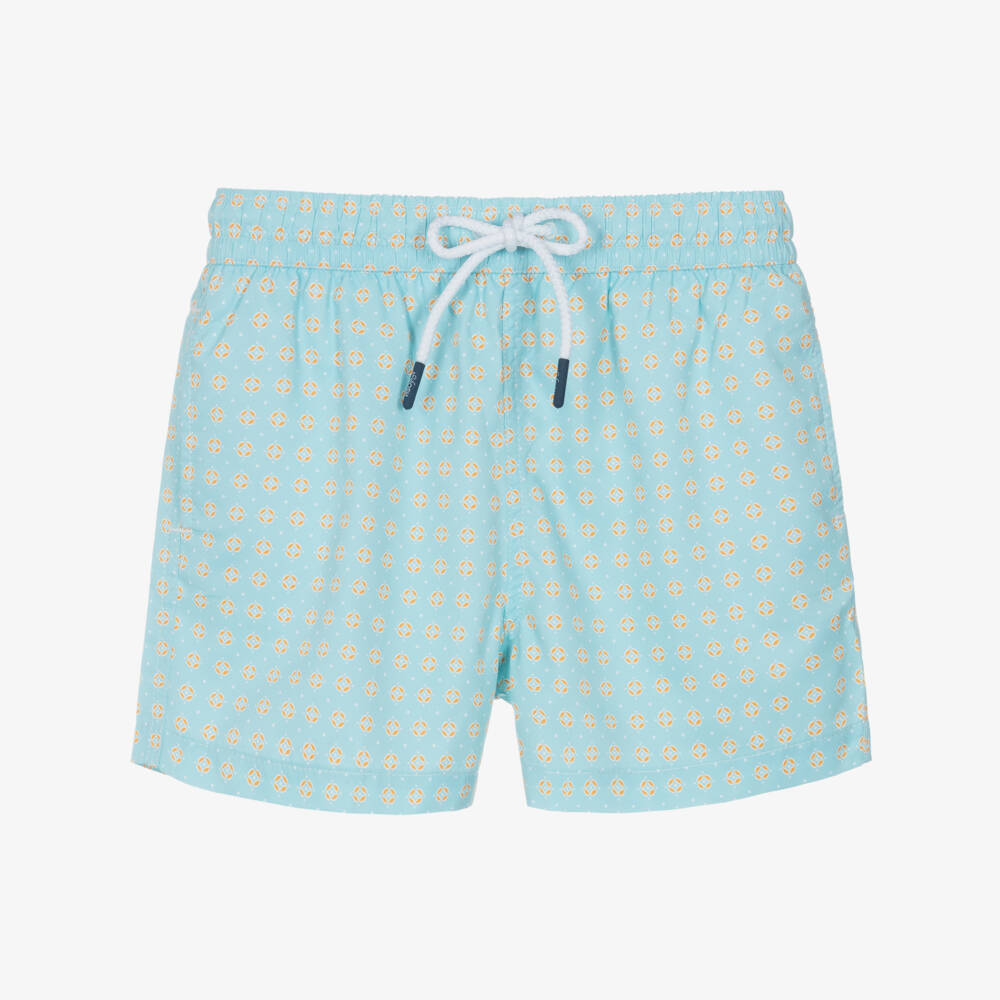 J&Josh-Boys Turquoise Blue Swim Shorts with Geometric Print | Childrensalon